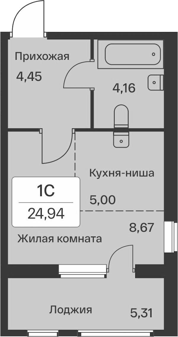 Квартира студия 24.94 м², 6/9 эт., ЖК «Расцветай в Янино»